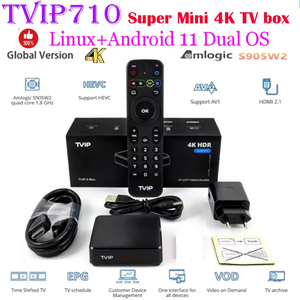 

[Genuine] TVIP710 Super mini S-Box v.710 4K Smart TV box Global version Linux+Android11 Dual OS 1GB+8GB Nordic one Media Player