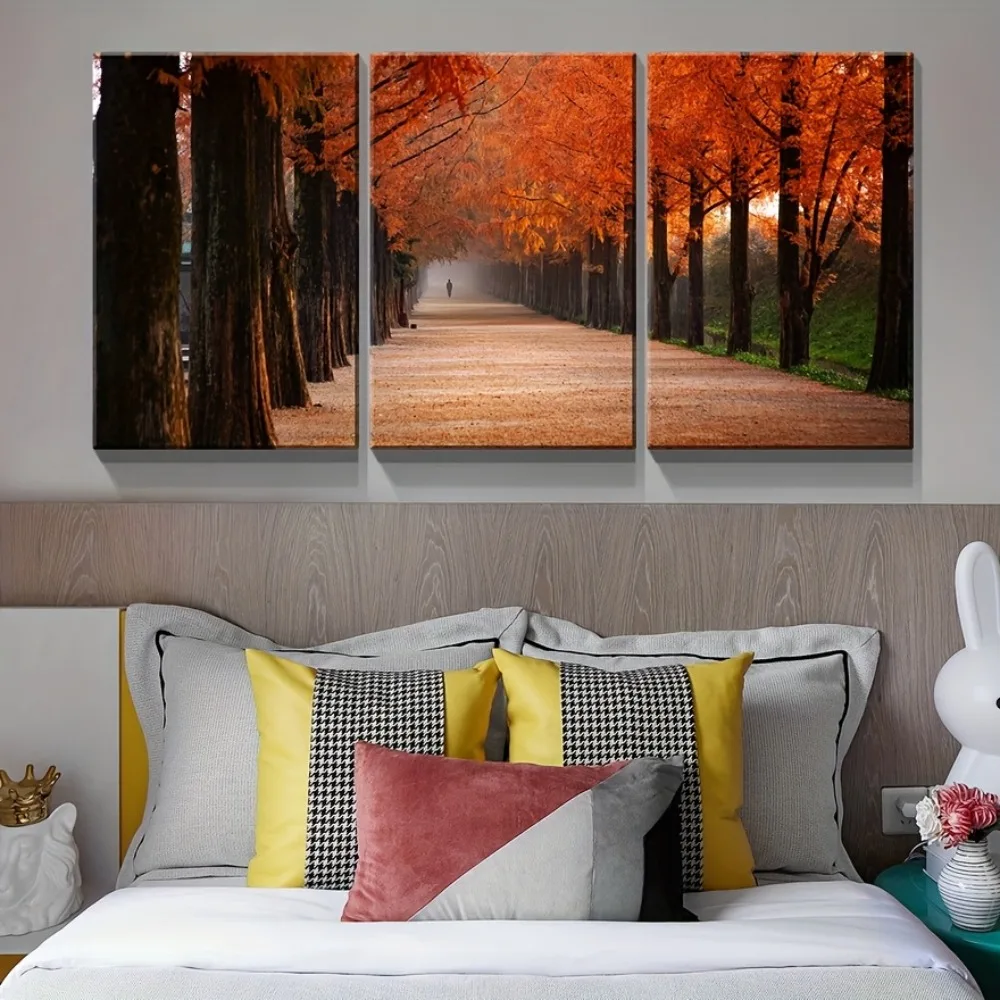 3-piece Canvas Mural - Fall Forest Landscape Artwork Canvas print Fall Path, upholstery,1.5 inch chunky wood frame
