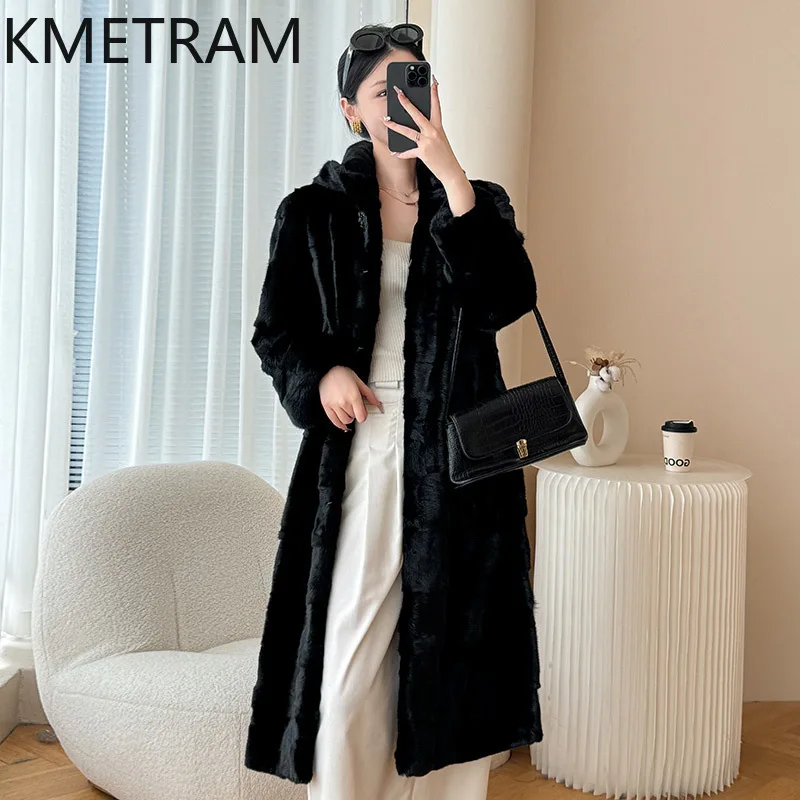 Damska kurtka z naturalnego futra norek, czarna, długa, prawdziwe futro z kapturem, wysokiej jakości zimowa odzież damska, futrzane kurtki 2025 Fourrure
