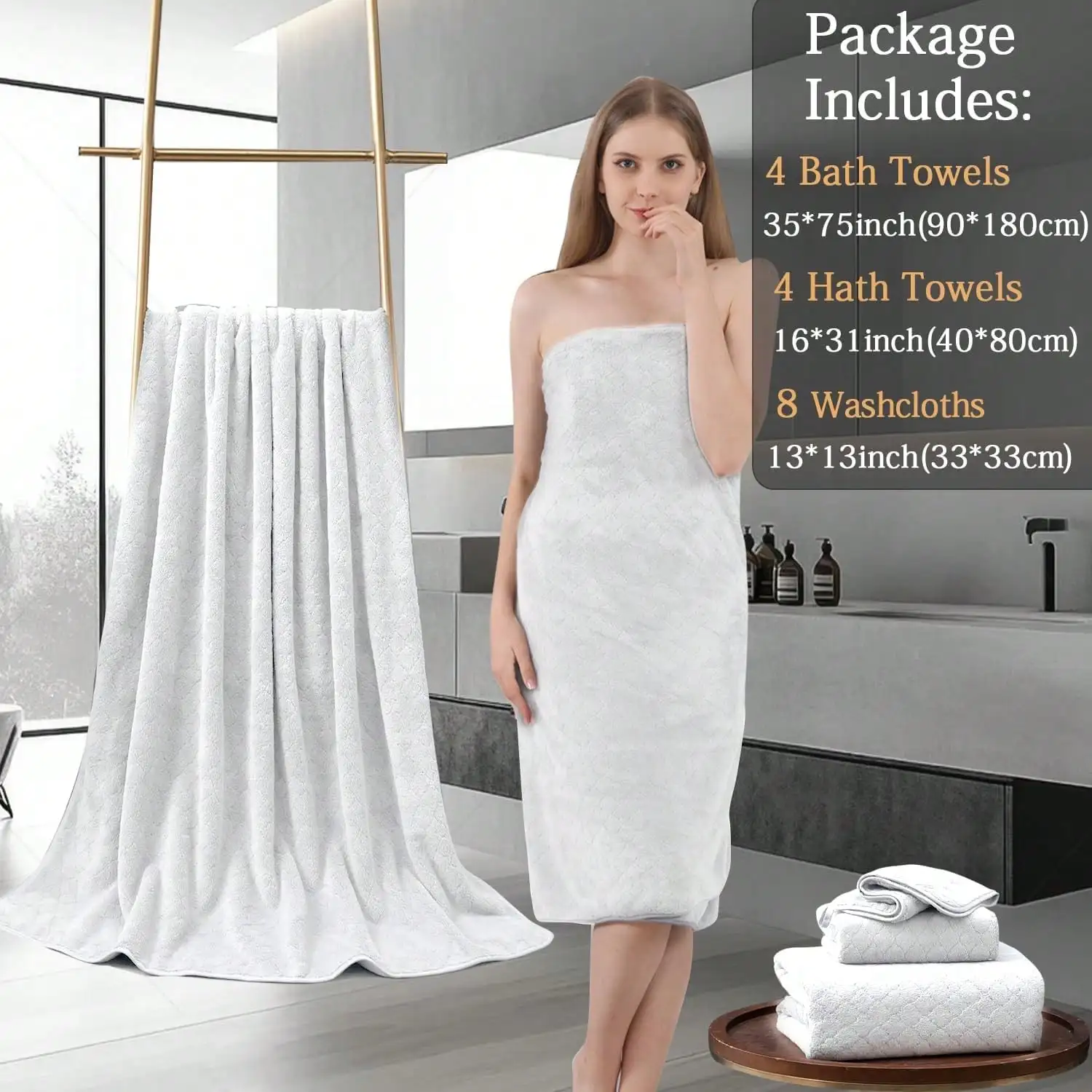 8-Pcs Oversized Bath Towel Set: 2 Extra-Large Bath Towels, 2 Hand Towels, 4 Washcloths — Soft, Highly Absorbent, Quick-Dry Towel