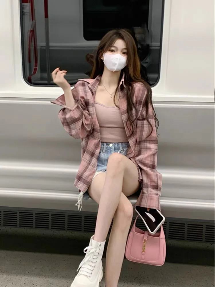 

Американская ретро-блузка в розовую клетку для женщин: модный дизайн, очень красивая, для ранней весны, в корейском стиле, для повседневной носки