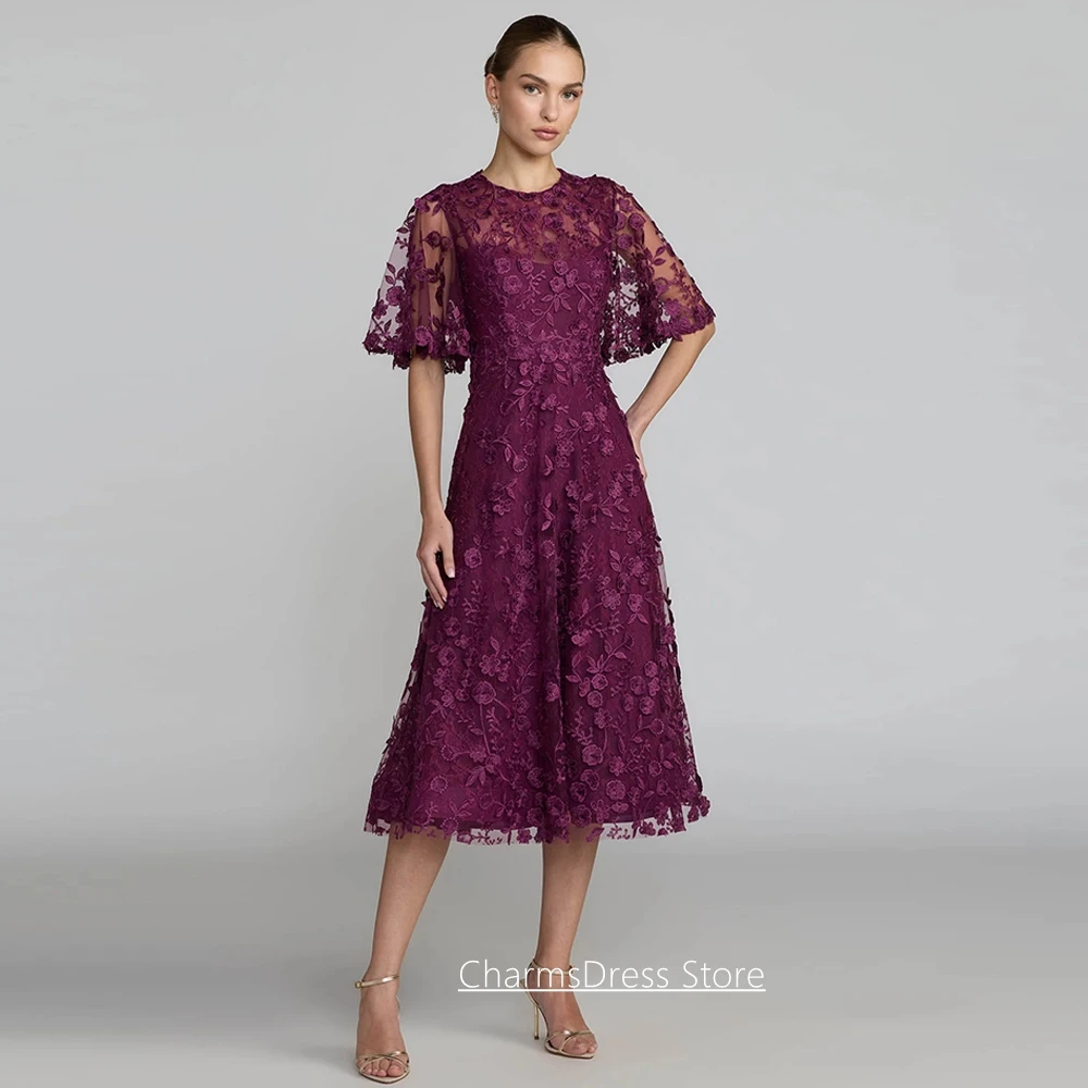 Customized Mother of The Bride Dress Fashion Half Sleeves Round Neck Tea Length A Line Wedding Guest Gown Party Dresses