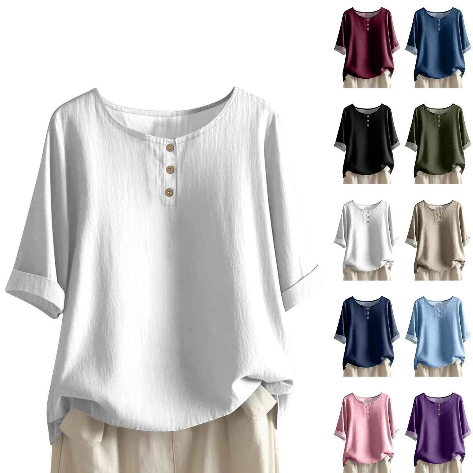 

Women's Loose Cotton Linen Button-Up Color Casual Top Fashionable Comfortable Breathable Eco-Friendly Sustainable T-Shirt