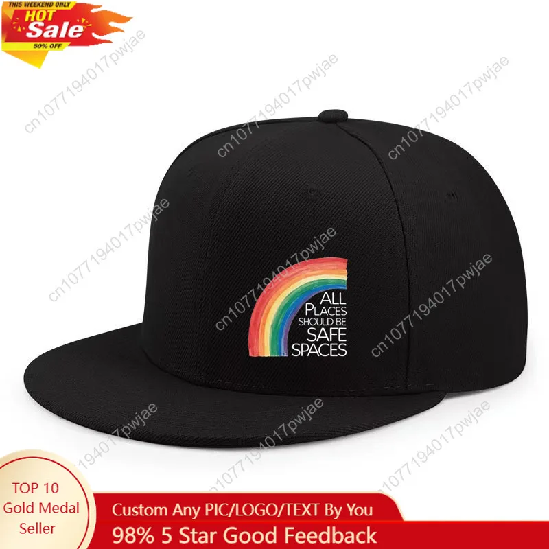 Rainbow Lettering & "ALL PLACES SAFE SPACES" Print Adjustable Snapback Baseball Cap - Breathable Unisex Urban Streetwear Hat for