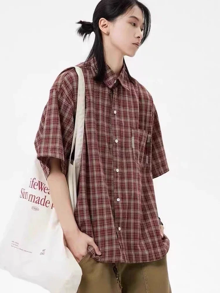 Koszula w kratę Harajuku Y2K damska streetwear oversize krótki rękaw retro bluzka japońska luźna kieszeń Bf letnia uniwersalna vintage top