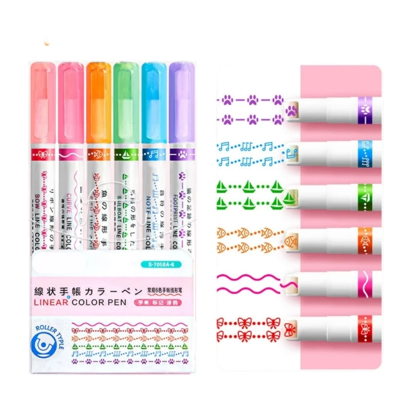 6PCS Curves Highlighters Multifunctional Pens For Journaling Handmade Cards Leak Proof Vibrant Color Selection