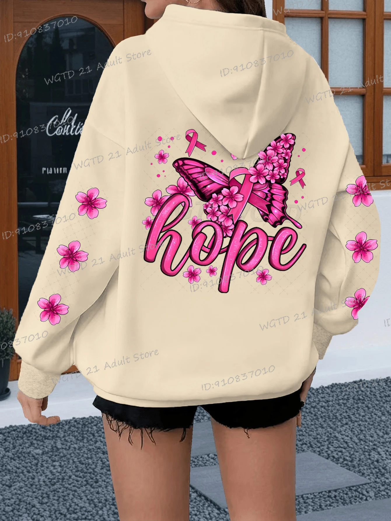 جماليات فراشة طباعة هوديس للنساء سرطان الثدي "الأمل" طويلة الأكمام هودي خمر فراشة الكورية Ulzzang مقنعين