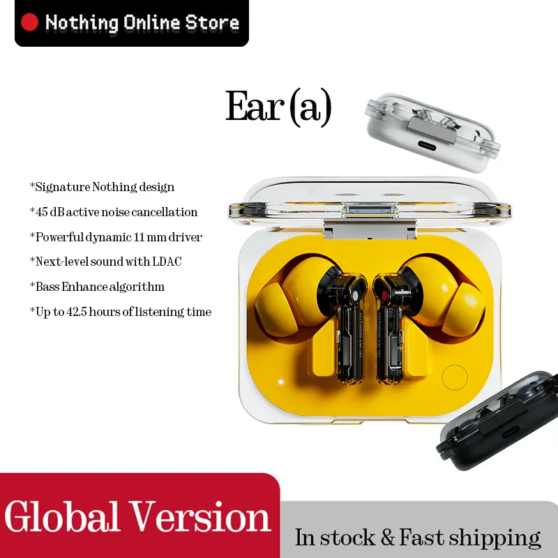 سماعات Nothing Ear (a) مع إلغاء الضوضاء النشط 45 dB، 42.5 ساعة استماع، تصميم عصري