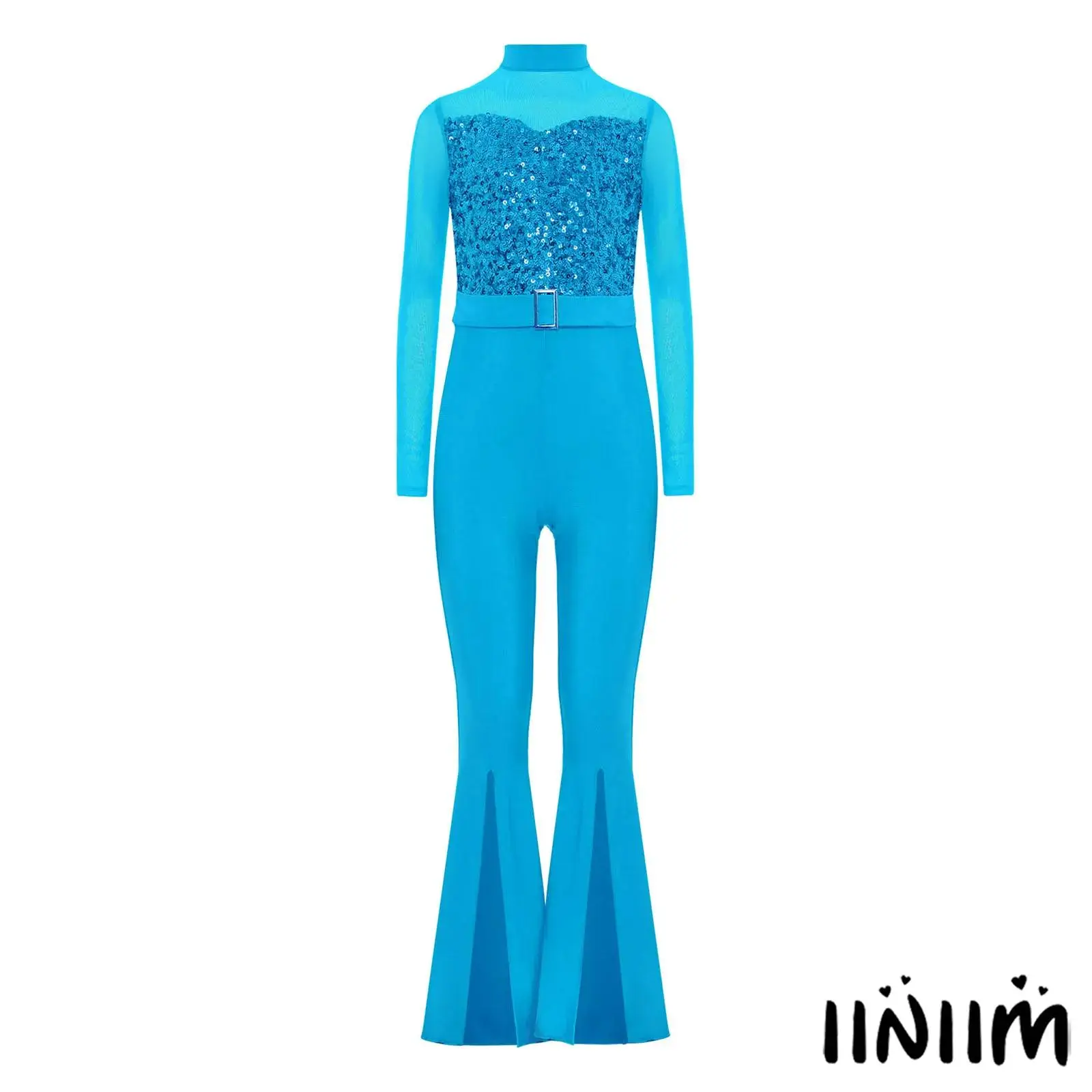 Stylish Girls Hip Hop Jazz Dance Costume Long Sleeve Cutout Back Sheer Mesh Patchwork Sequins Bodice Split Bell-Bottom Jumpsuit