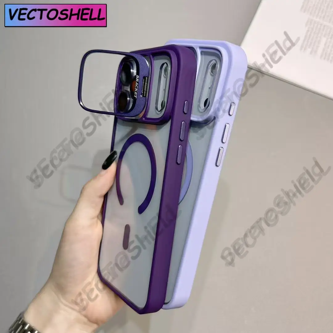 Luksusowe, magnetyczne, odporne na wstrząsy etui na telefon iPhone 15 14 13 12 11 16 17 Pro Max Plus 16E Funda Stand z ochroną szklanego obiektywu