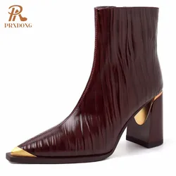 PRXDONG Brand Genuine Leather Shoes 2024 New Sexy High Heels Pointed Toe Black Blue Zipper Dress Party Female Ankle Boots 34-39