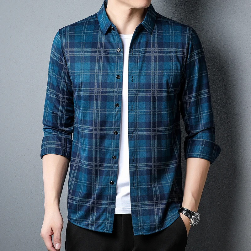 Korean Style Men\'s Slim Fit Plaid Button Down Shirt Man Long Sleeve Business Casual Shirt