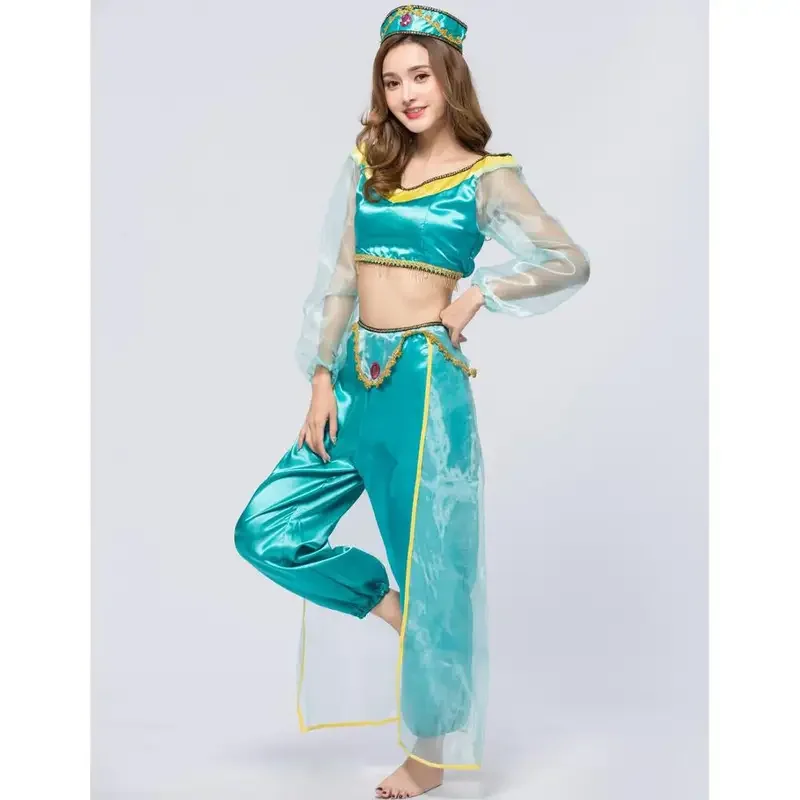 Volwassen Carnaval Kleding Meisjes Aladdin Jasmijn Prinses Kostuum Volwassen Buikdanseres Cosplay Top Broek Halloween Feest Pak Jurk