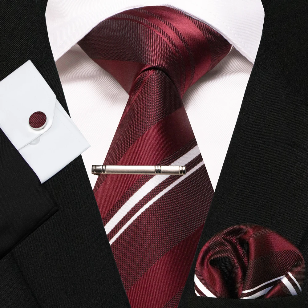 KAMBERFT Neue Klassische Seidenkrawatte für Herren Rot-Gold Gestreift Herrenkrawatte Taschentuch Manschettenknöpfe Set Hochzeit Business Party Gravatas – Detail 5