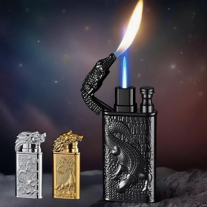 

Ветрозащитная зажигалка с двойным пламенем в виде дракона, металлическая надувная портативная зажигалка с двойным пламенем, модный мужской подарок