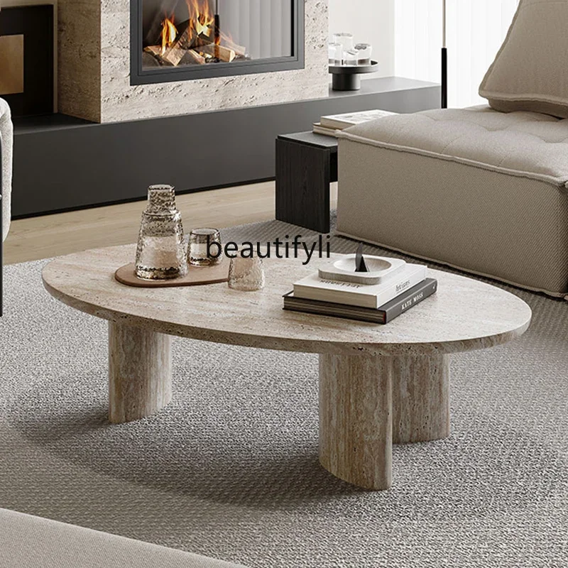 Wabi Sand Wind Natural Travertine Coffee Table Villa Modern Light Luxury Living Room Home Marble   Small Tea Table