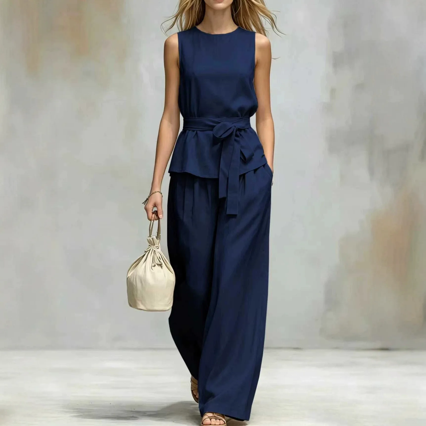 

Sleeveless Matching Set Women Spring Summer Tank Top Blouse Belted Pants Jumpsuit Casual Streetwear Vacation Outfit Clothes