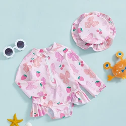 Summer Baby Girls Beacwear Princess Toddler Infant Rash Guard Swimsuits with Hat Floral Print Zip Up Children Girls Swimwears