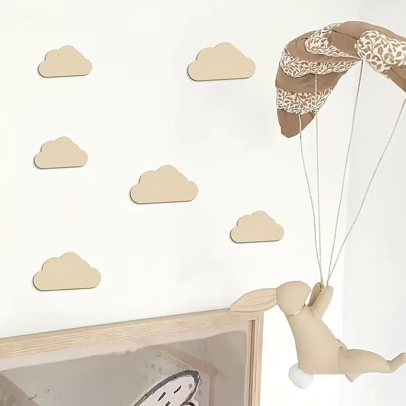6Pcs Beige Wooden Cloud Wall Decor for Kids Room, Minimalist Nursery Art with Nano Tape,2D Wooden