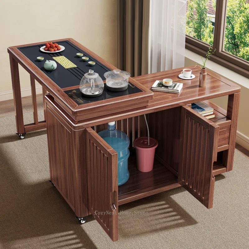 Solid wood rotating tea table full set balcony mobile Kung Fu tea table integrated tea table and chair combination coffee