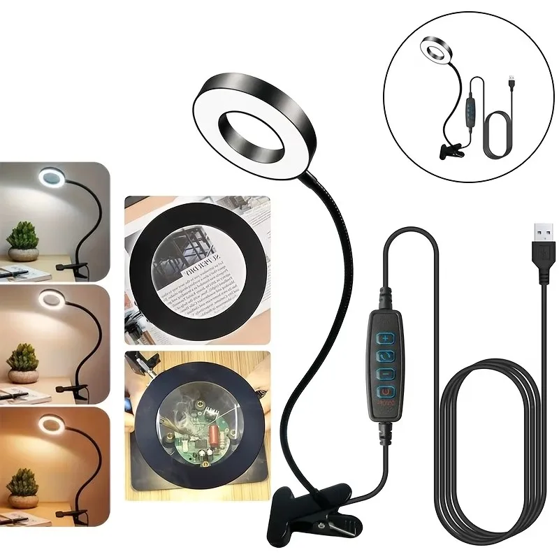 Adjustable LED Desk Lamp Has 3 Color Modes and a 5x Magnifying Glass. It Is Powered by USB and Has a Retractable Neck Clip. It I