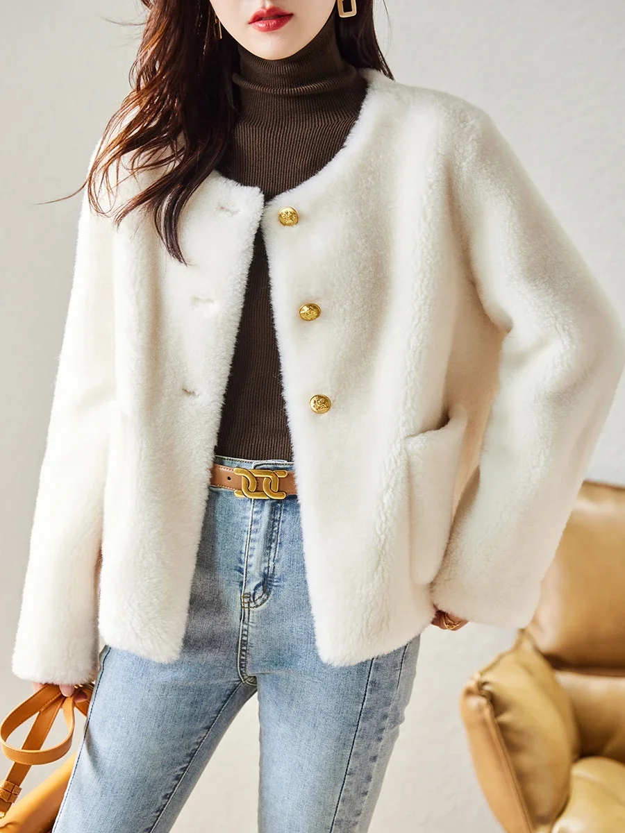 Nuovo cappotto di pelliccia di lana granulare girocollo alla moda