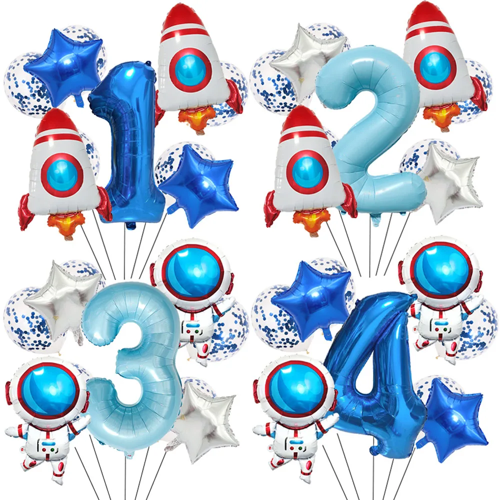 10pcs Space Theme Party Balloon Decor Astronaut Rocket 32inch 0-9th Birthday Number Balloon Set Kid Birthday Shower Party Decors