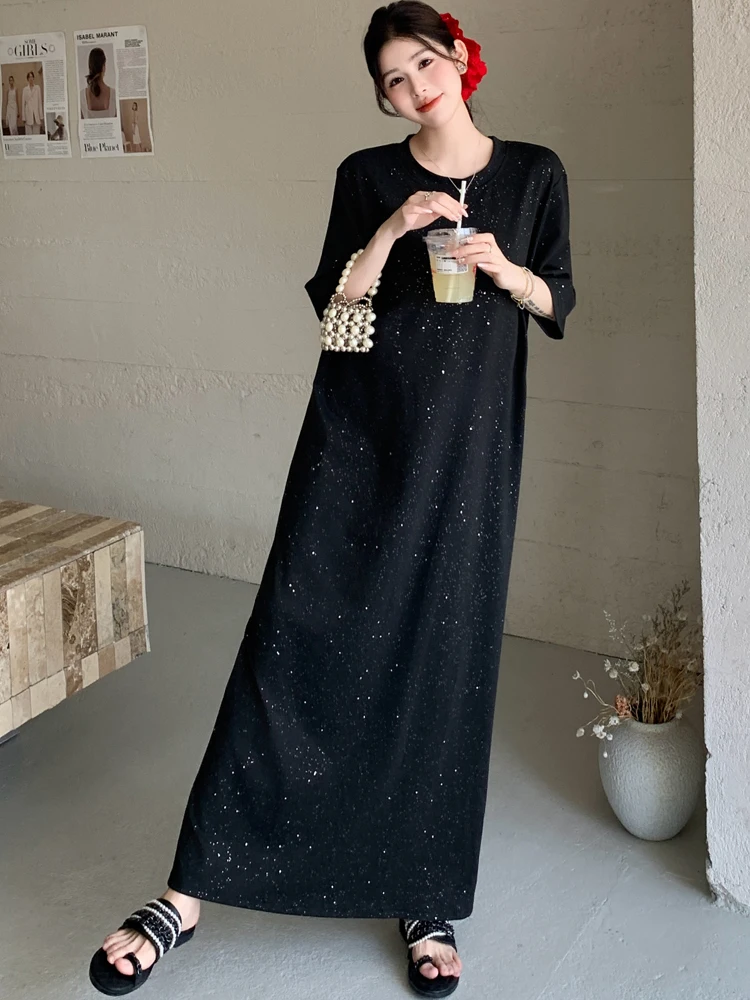 NYFS 2025 فستان صيفي نسائي على الطراز الكوري فضفاض مقاس كبير بأكمام قصيرة فستان طويل رداء Elbise