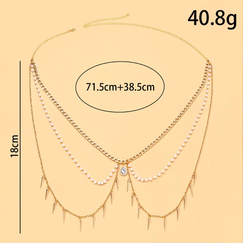 Fashion Layered Rivet Pearl Body Chain Ladie Teardrop Rhinestone Waist Ornament For Vacation Beach Club Daily Outfit Accessories