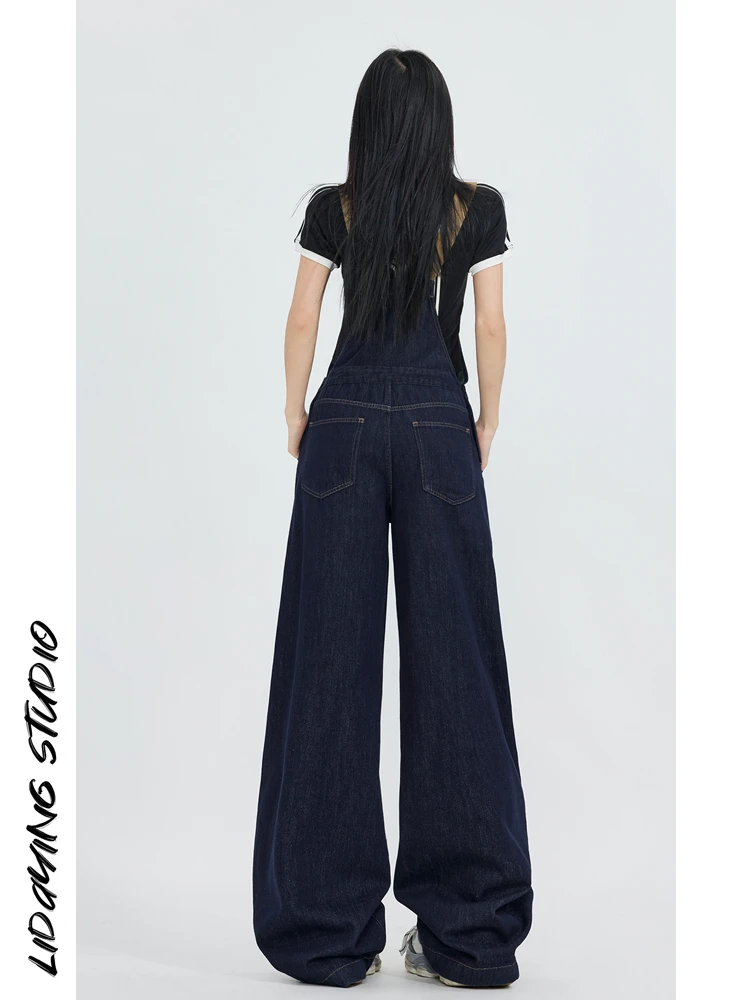 딥 블루 와이드 레그 오버롤 여성용 루즈핏 레트로 슬레 진즈 리당 2025 봄 컬렉션 l 허리 롱 트라우저