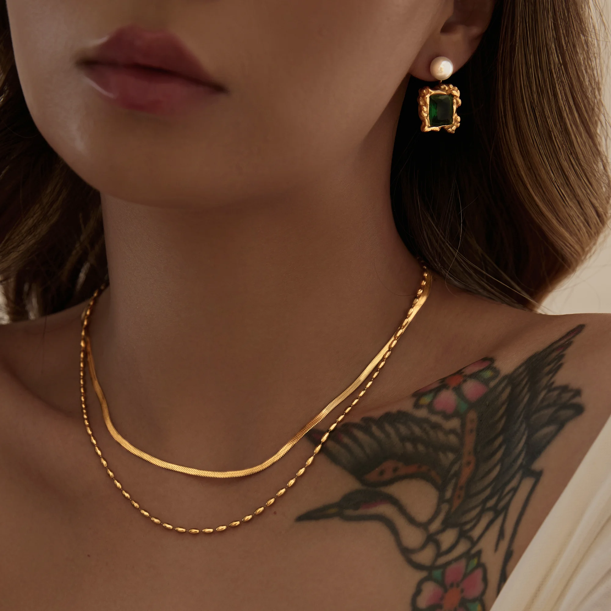 DASEIN Trendy 18k Gold Plated Double Layer Bead Herringbone Chain Necklace Tarnish Free Stainless Steel Gypsy Runaway Jewelry