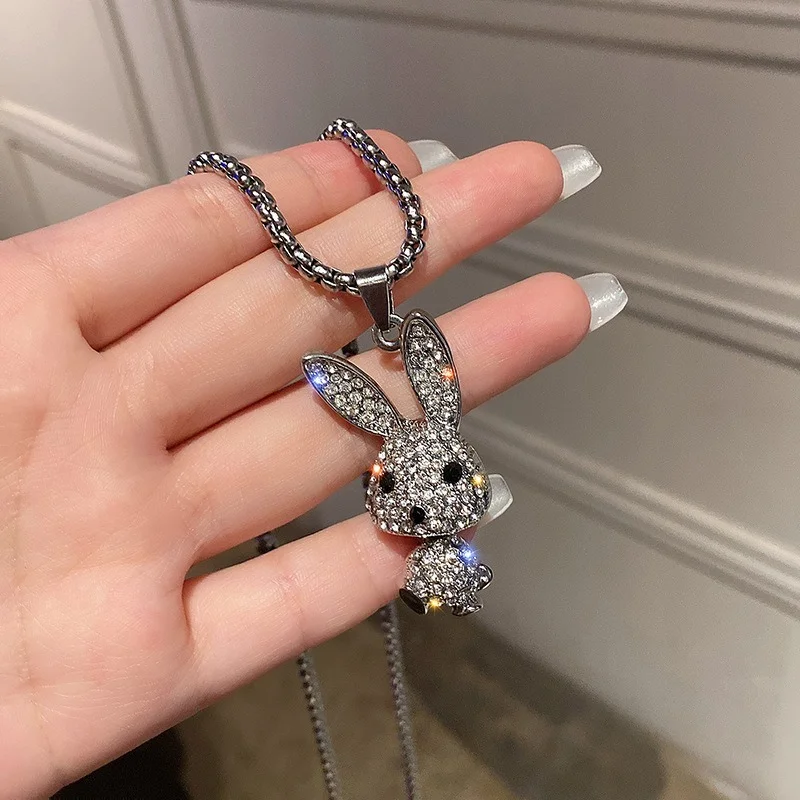 New Stainless Steel Rabbit Pendant Necklace Exquisite Shiny Full Rhinestones Animal Charm for Women Trend Party Jewelry