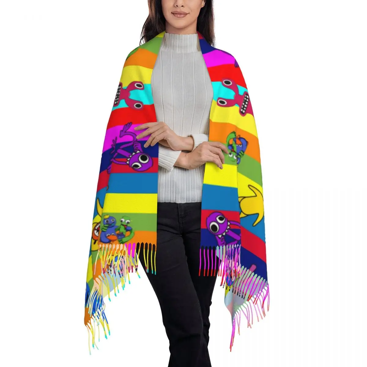 Custom Cartoon Anime Rainbows Friendss Tassel Scarf Women Soft Game Shawls Wraps Lady Winter Scarves