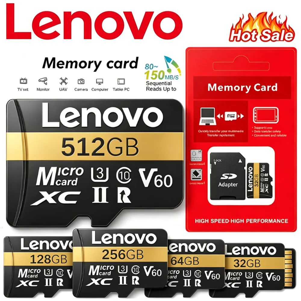 Carte Micro TF SD haute vitesse Lenovo 64 Go/128 Go/512 Go pour drone DJI Mavic, enregistrement 4K, classe 10 U3 V30 avec options d'adaptateur