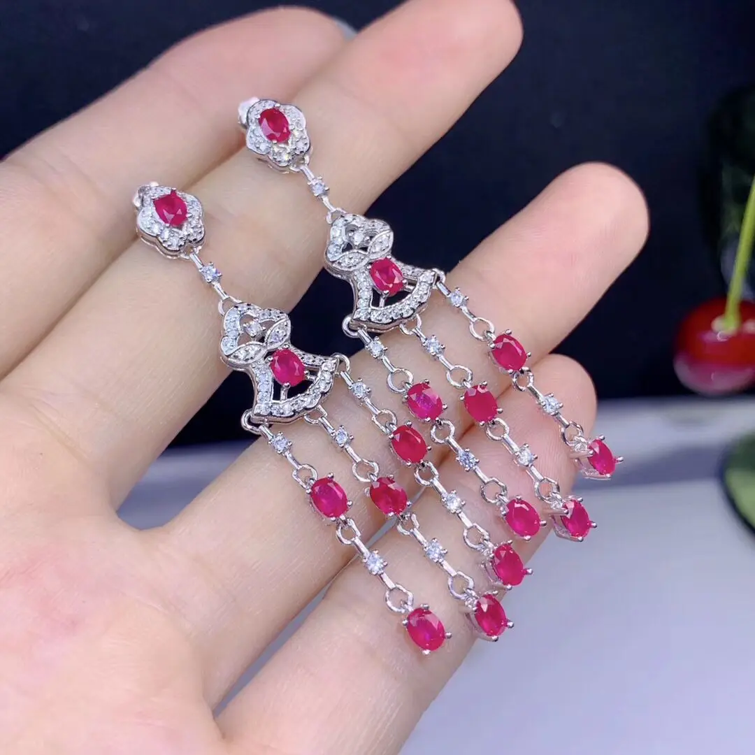 Luxury Ruby Drop Earrings for Wedding 16 Pieces 3mm*4mm Total 2.2ct Natural Ruby Earrings 925 Silver Ruby Jewelry