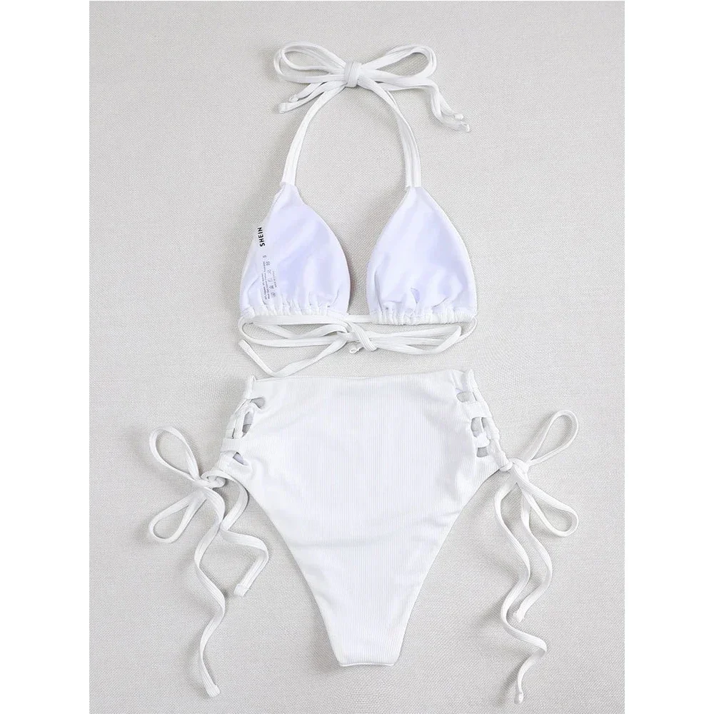 2024 Costume da bagno in 2 pezzi tinta unita per donna Vita alta Scava fuori Bikini diviso Sexy Triangolo Coppa Halter Backless Costume da bagno