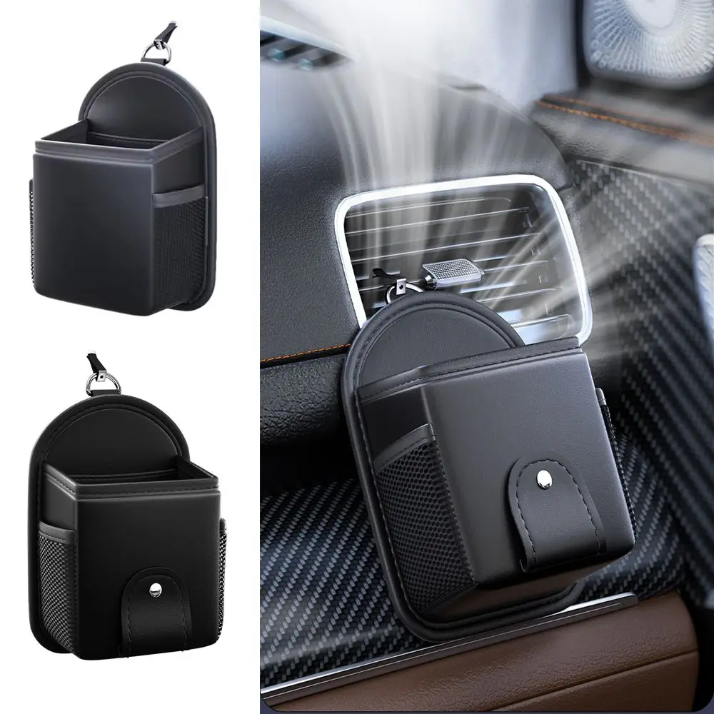 ユニバーサルカーハンギングベントオーガナイザー、PUレザー収納ポーチ、メガネホルダー付き多機能、エアアウトレットクリップ