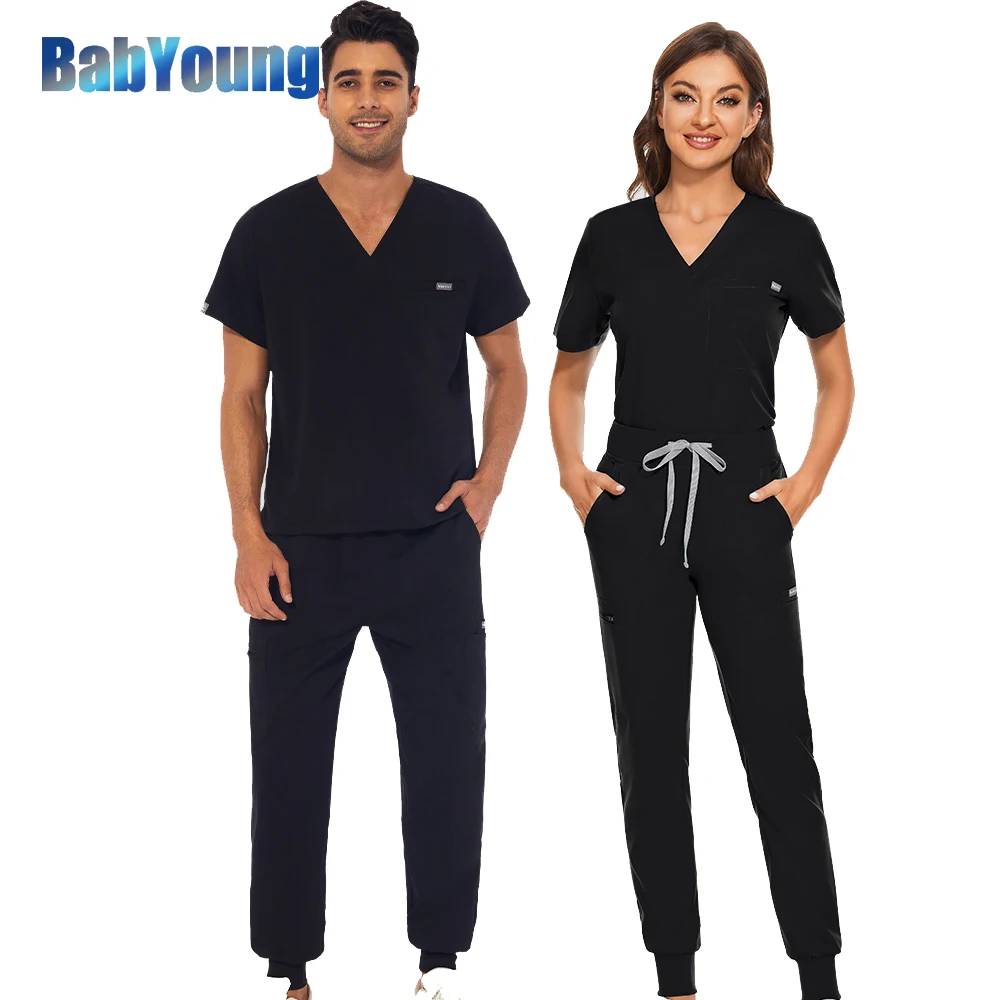 

Unisex Clothes Set Work Top Doctor Nurse Uniform Bottoms Simple More Pockets Dental Scrubs Pants SPA Nursing Scrub Suits Medical