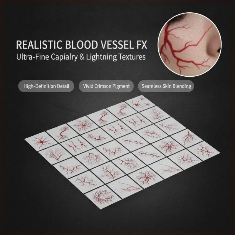 30 Sheets Realistic Vein Design Face Tattoo Body Art Large Halloween Red Bolt Temporary Tattoo Sticker For Halloween Makeup