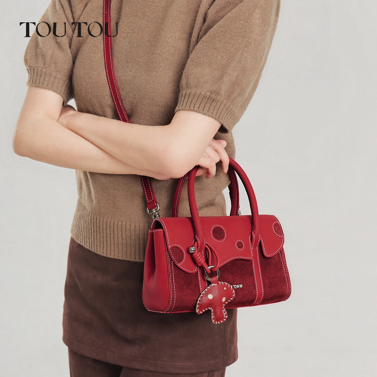 TOUTOU Red Mushroom PU mini Handbag, Spliced Top Handle Crossbody Purse, Detachable Strap & Charm