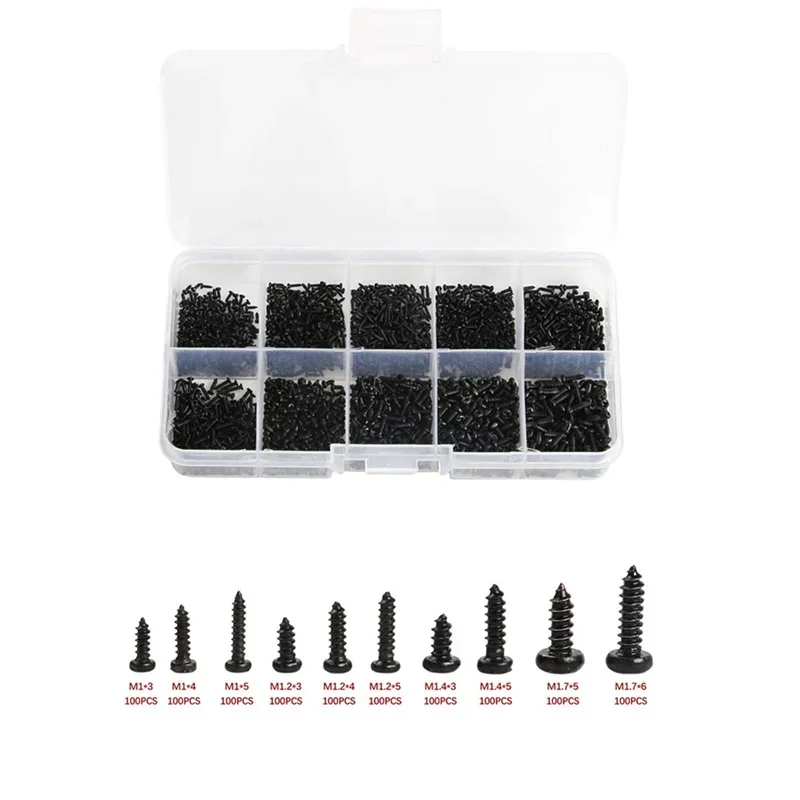 1000pcs PA Phillips Pan Round Head Micro Screws Assortment M1 M2 M1.4 M1.7 Self-tapping Electronic Small Wood Screws Set