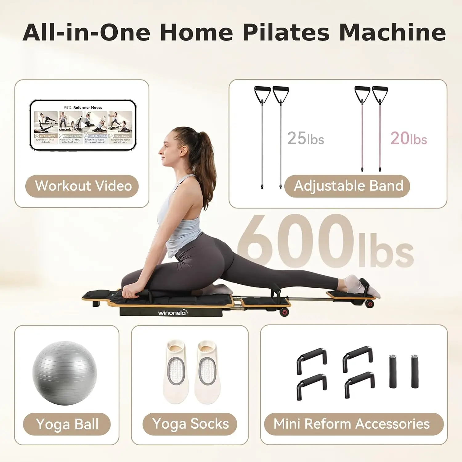 Pilates Reformer Machine, Wooden Pilates Board for Home | Solid Maple Wood; Stable One-Piece Design; Guided Videos; Bonus Pilate