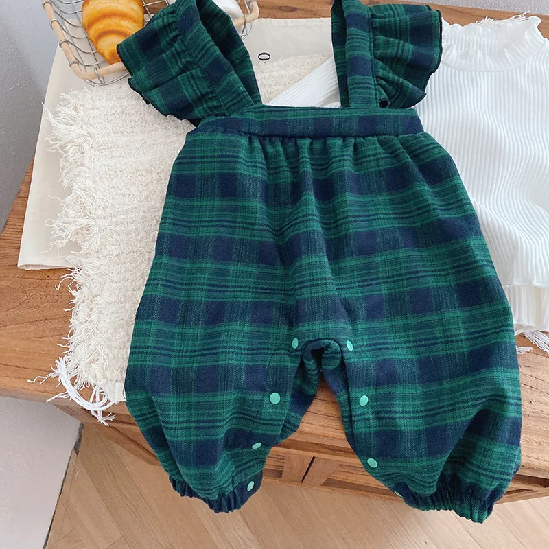 

Baby Checkered Jumpsuit Autumn Girl Flying Sleeve Jumpsuit One Year Old Dress Fashionable and Versatile Baby Girl Romper