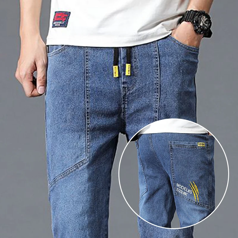 

Новинка 2023 года, мужские свободные укороченные брюки до щиколотки, мужской повседневный пиджак-шаровары, брюки с эластичным поясом, синие брюки