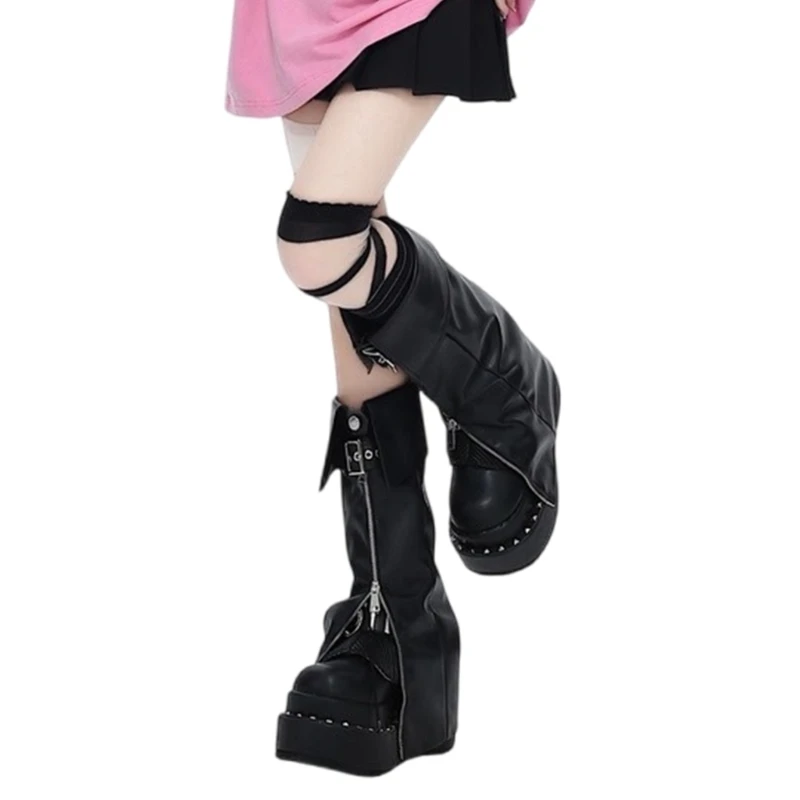 Women Harajuku Black PU Leather Leg Warmer with Buckled Punk Zippered Slit Flared Boot Cover Long Calf Socks Streetwear