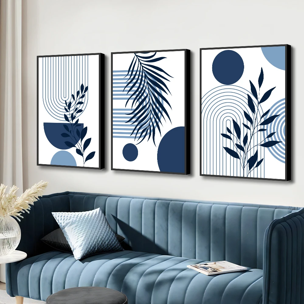 

3pcs Navy blue botanical palm leaves artModern bohemian minimalist tropical gallery wall set. Simple nature room decor prints