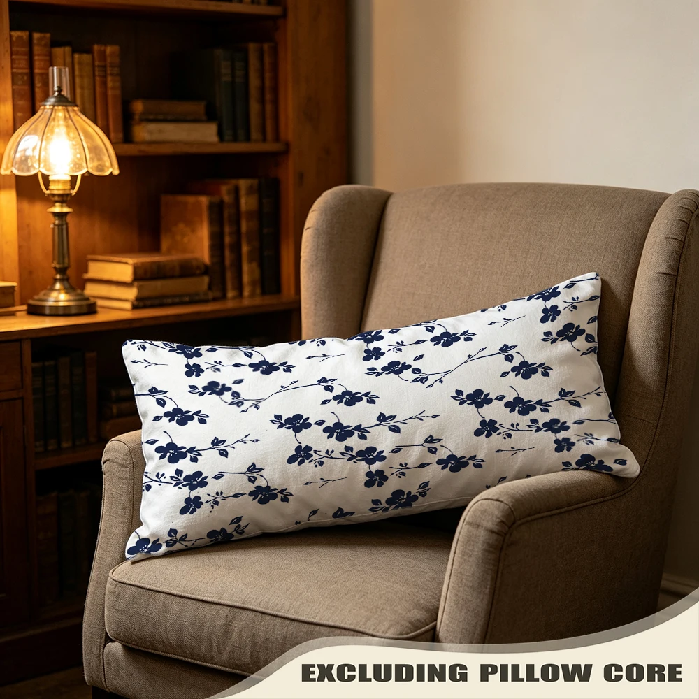 Blue White Cornflower Ditsy Print Long Pillow Cover, Meadow Style, Cafe Decorative, Polyester, Floor Pillow, Colorfast