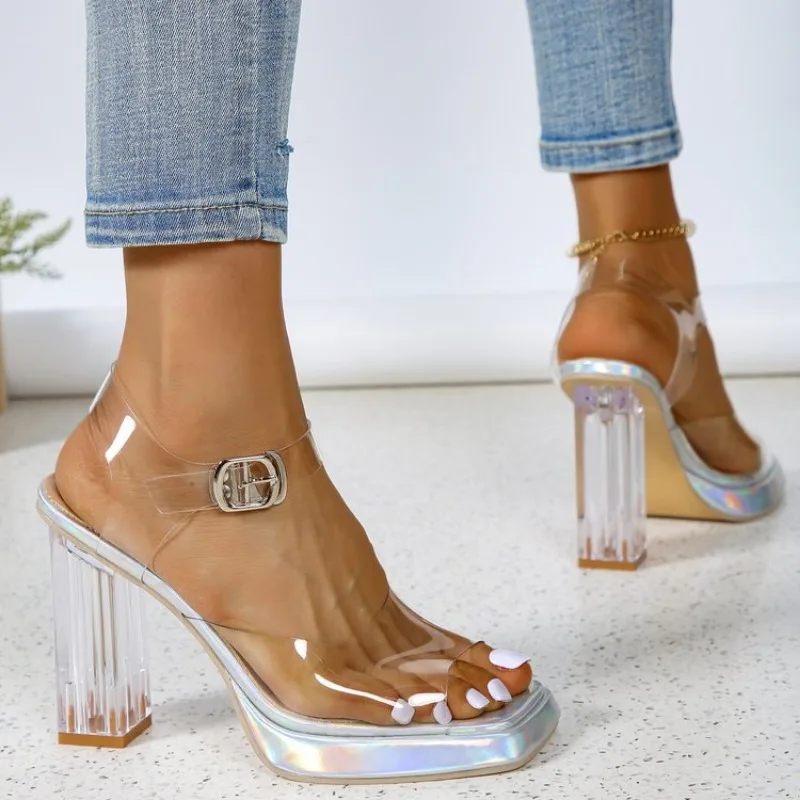 2024 Summer New High Heels for Women Rhinestone Fashion Silver Square Toe Open Toe Slippers Ladies Transparent Square Heel Shoes