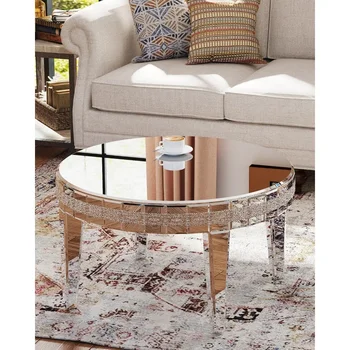 Image Silver Living Room Circular Coffee Table, Uxurious Mirror Finish,31.5inch Mirror Finish Coffee Table with Legs and Crystal Inlay