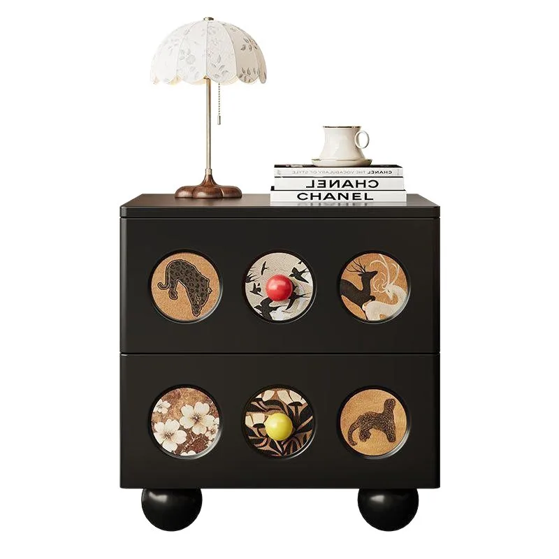 Medieval solid wood bedside table 2025 new home bedroom light luxury high-end black retro side cabinet light luxury home